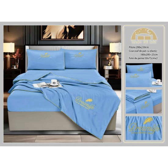 Set Lenjerie de Pat Dublu cu Pilotă de Vară și Cearșaf cu Elastic, Satin Premium, 4 Piese, Albastru, LPV-009 Lenjerie + Pilota vara