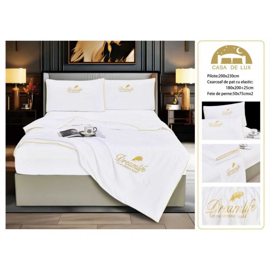 Set Lenjerie de Pat Dublu cu Pilotă de Vară și Cearșaf cu Elastic, Satin Premium, 4 Piese, Alb, LPV-010 Lenjerie + Pilota vara