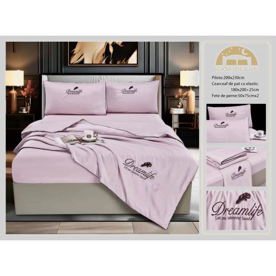 Set Lenjerie de Pat Dublu cu Pilotă de Vară și Cearșaf cu Elastic, Satin Premium, 4 Piese, Lila, LPV-011 Lenjerie + Pilota vara