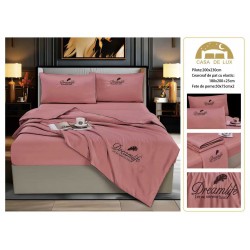 Set Lenjerie de Pat Dublu cu Pilotă de Vară și Cearșaf cu Elastic, Satin Premium, 4 Piese, Roz Prafuit, LPV-012