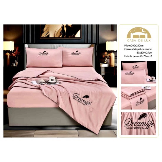 Set Lenjerie de Pat Dublu cu Pilotă de Vară și Cearșaf cu Elastic, Satin Premium, 4 Piese, Roz Prafuit, LPV-013 Lenjerie + Pilota vara