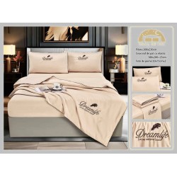 Set Lenjerie de Pat Dublu cu Pilotă de Vară și Cearșaf cu Elastic, Satin Premium, 4 Piese, Crem, LPV-014