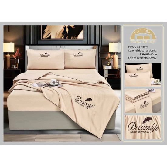 Set Lenjerie de Pat Dublu cu Pilotă de Vară și Cearșaf cu Elastic, Satin Premium, 4 Piese, Crem, LPV-014 Lenjerie + Pilota vara