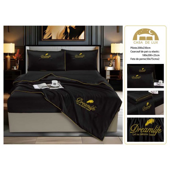 Set Lenjerie de Pat Dublu cu Pilotă de Vară și Cearșaf cu Elastic, Satin Premium, 4 Piese, Negru, LPV-015 Lenjerie + Pilota vara