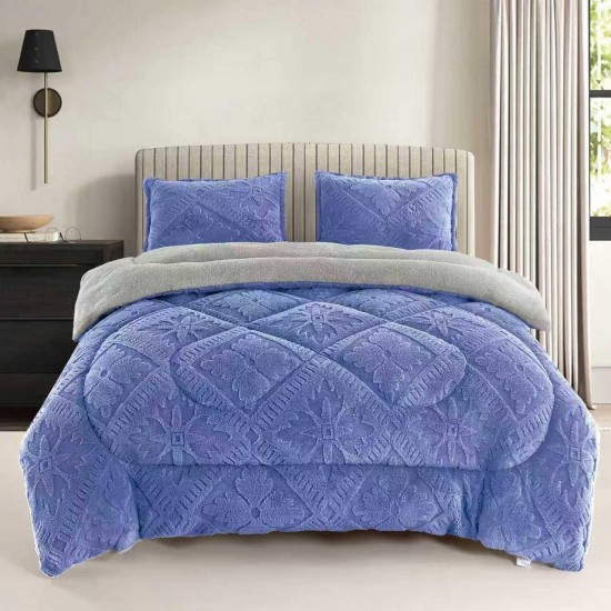 Pilota Cocolino cu Blăniță 200x230 cm+ 2 Fețe de Pernă, Model Geometric Embosat, Albastru, PDC-027 Pilote Iarna cu Blana