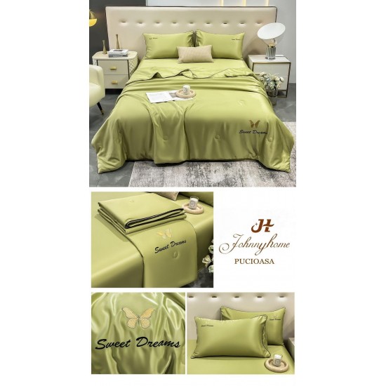Set Lenjerie de Pat Dublu cu Pilotă de Vară, Satin Premium, 4 Piese, Verde Olive, LPV-016 Lenjerie + Pilota vara
