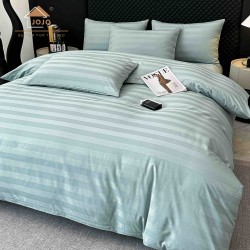 Lenjerie de Pat Damasc Premium, 6 Piese, 100% Bumbac, Cearșaf cu Elastic, Bleu, LDS-020