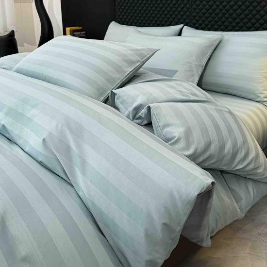 Lenjerie de Pat Damasc Premium, 6 Piese, 100% Bumbac, Cearșaf cu Elastic, Bleu, LDS-020 Lenjerii Damasc 6 piese cu Cearsaf cu ELASTIC