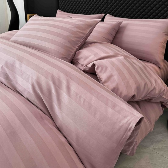 Lenjerie de Pat Damasc Premium, 6 Piese, 100% Bumbac, Cearșaf cu Elastic, Roz Pudrat, LDS-041 Lenjerii Damasc 6 piese cu Cearsaf cu ELASTIC