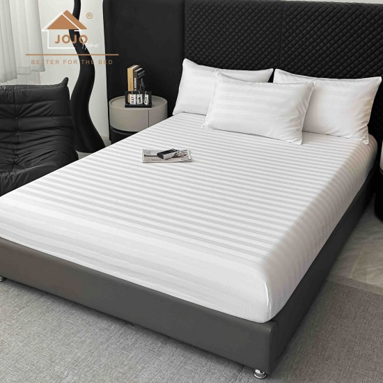 Lenjerie de Pat Damasc Premium, 6 Piese, 100% Bumbac, Cearșaf cu Elastic, Alb, LDS-042 Lenjerii Damasc 6 piese cu Cearsaf cu ELASTIC