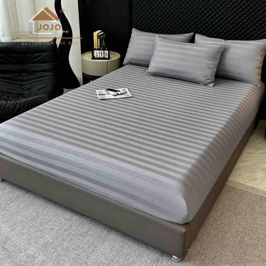 Lenjerie de Pat Damasc Premium, 6 Piese, 100% Bumbac, Cearșaf cu Elastic, Gri, LDS-044 Lenjerii Damasc 6 piese cu Cearsaf cu ELASTIC