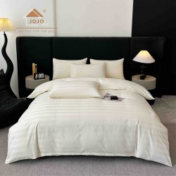 Lenjerie de Pat Damasc Premium, 6 Piese, 100% Bumbac, Cearșaf cu Elastic, Crem, LDS-046