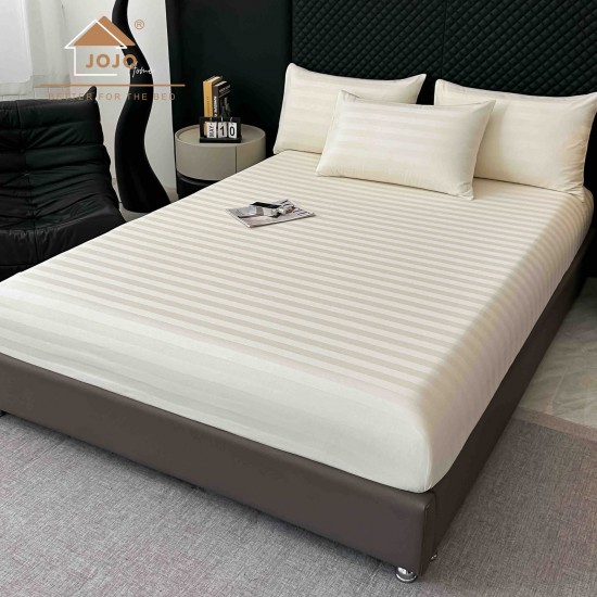 Lenjerie de Pat Damasc Premium, 6 Piese, 100% Bumbac, Cearșaf cu Elastic, Crem, LDS-046 Lenjerii Damasc 6 piese cu Cearsaf cu ELASTIC