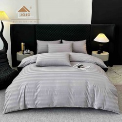 Lenjerie de Pat Damasc Premium, 6 Piese, 100% Bumbac, Cearșaf cu Elastic, Gri Deschis, LDS-055
