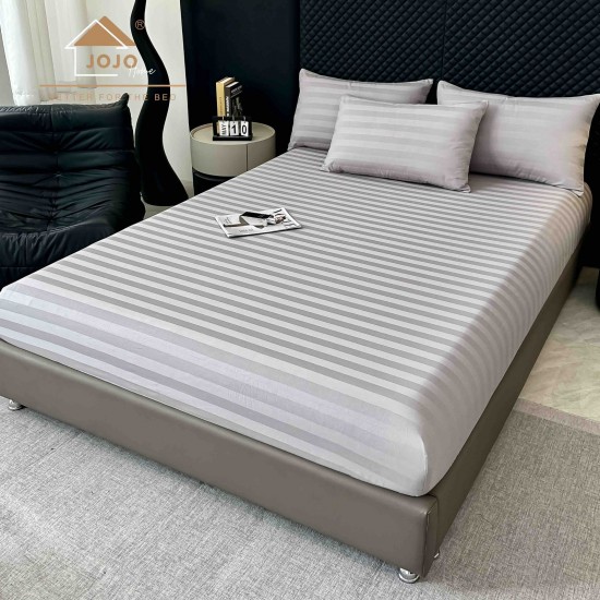Lenjerie de Pat Damasc Premium, 6 Piese, 100% Bumbac, Cearșaf cu Elastic, Gri Deschis, LDS-055 Lenjerii Damasc 6 piese cu Cearsaf cu ELASTIC
