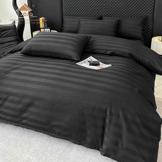 Lenjerie de Pat Damasc Premium, 6 Piese, 100% Bumbac, Cearșaf cu Elastic, Negru, LDS-078 Lenjerii Damasc 6 piese cu Cearsaf cu ELASTIC