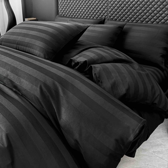 Lenjerie de Pat Damasc Premium, 6 Piese, 100% Bumbac, Cearșaf cu Elastic, Negru, LDS-078 Lenjerii Damasc 6 piese cu Cearsaf cu ELASTIC
