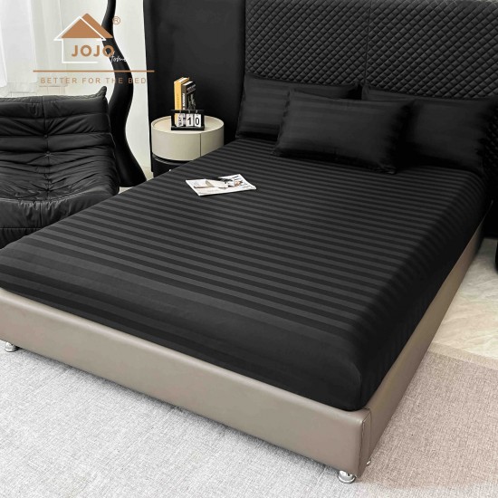 Lenjerie de Pat Damasc Premium, 6 Piese, 100% Bumbac, Cearșaf cu Elastic, Negru, LDS-078 Lenjerii Damasc 6 piese cu Cearsaf cu ELASTIC