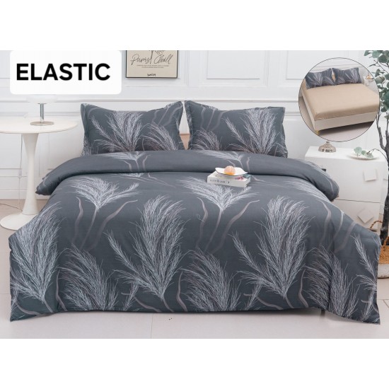 Set Lenjerie Pat Dublu Bumbac Satinat 4 Piese cu Cearșaf cu Elastic – Model Pene Gri Antracit, LES-066 3 lenjerii la 199 lei