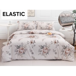 Set Lenjerie Pat Dublu Bumbac Satinat 4 Piese cu Cearșaf cu Elastic – Model Floral Bej Elegant, LES-067