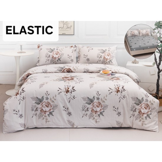 Set Lenjerie Pat Dublu Bumbac Satinat 4 Piese cu Cearșaf cu Elastic – Model Floral Bej Elegant, LES-067 3 lenjerii la 199 lei