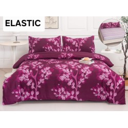 Set Lenjerie Pat Dublu Bumbac Satinat 4 Piese cu Cearșaf cu Elastic – Model Floral Mov Prună, LES-068