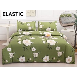 Set Lenjerie Pat Dublu Bumbac Satinat 4 Piese cu Cearșaf cu Elastic – Model Flori Albe pe Verde Olive, LES-069