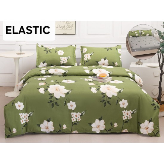 Set Lenjerie Pat Dublu Bumbac Satinat 4 Piese cu Cearșaf cu Elastic – Model Flori Albe pe Verde Olive, LES-069 3 lenjerii la 199 lei