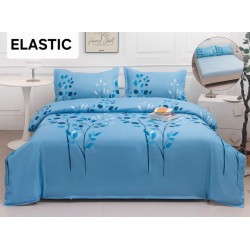 Set Lenjerie Pat Dublu Bumbac Satinat 4 Piese cu Cearșaf cu Elastic – Model Flori Albastre, LES-071
