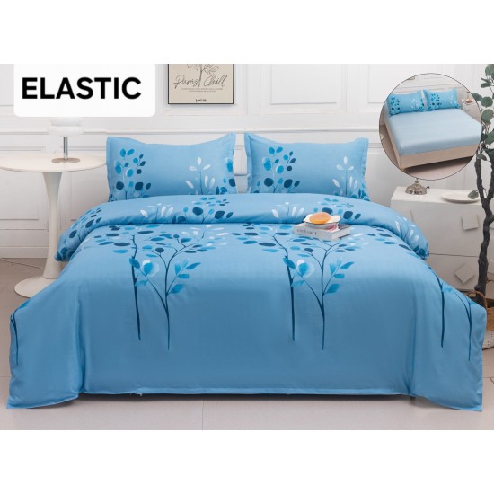 Set Lenjerie Pat Dublu Bumbac Satinat 4 Piese cu Cearșaf cu Elastic – Model Flori Albastre, LES-071 3 lenjerii la 199 lei