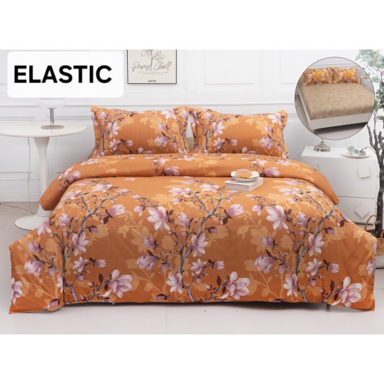 Set Lenjerie Pat Dublu Bumbac Satinat 4 Piese cu Cearșaf cu Elastic – Model Magnolie Portocalie, LES-072 3 lenjerii la 199 lei