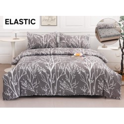 Set Lenjerie Pat Dublu Bumbac Satinat 4 Piese cu Cearșaf cu Elastic – Model Ramuri Gri, LES-073