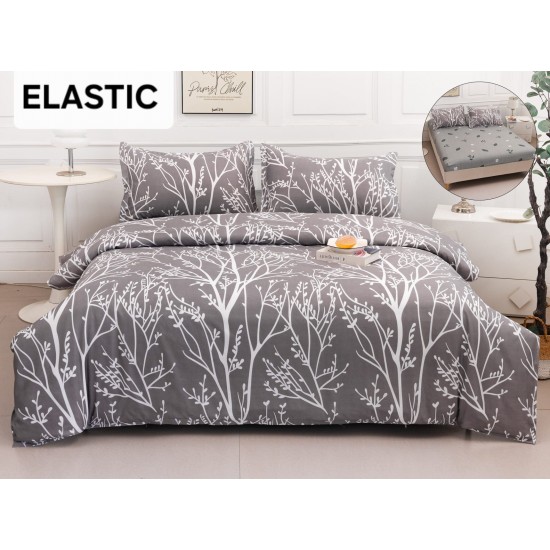 Set Lenjerie Pat Dublu Bumbac Satinat 4 Piese cu Cearșaf cu Elastic – Model Ramuri Gri, LES-073 3 lenjerii la 199 lei
