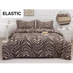 Set Lenjerie Pat Dublu Bumbac Satinat 4 Piese cu Cearșaf cu Elastic – Model Zebra Bej, LES-074