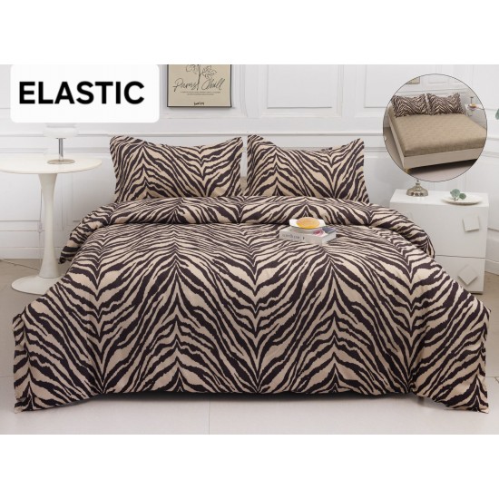 Set Lenjerie Pat Dublu Bumbac Satinat 4 Piese cu Cearșaf cu Elastic – Model Zebra Bej, LES-074 3 lenjerii la 199 lei