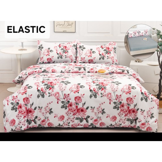 Set Lenjerie Pat Dublu Bumbac Satinat 4 Piese cu Cearșaf cu Elastic – Model Floral Roz, LES-075 3 lenjerii la 199 lei