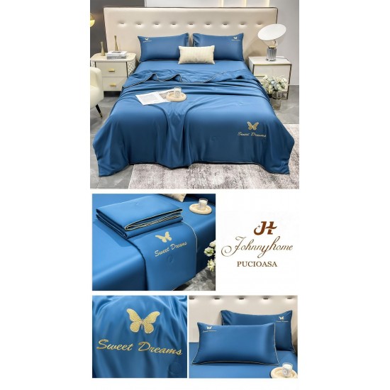 Set Lenjerie de Pat Dublu cu Pilotă de Vară, Satin Premium, 4 Piese, Albastru Inchis, LPV-018 Lenjerie + Pilota vara
