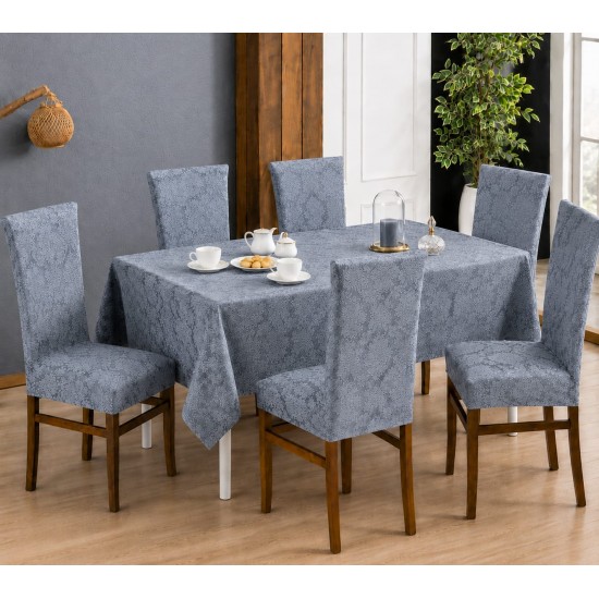 Set Față de Masă 180x220 cm și 6 Huse Elastice pentru Scaune Jacquard Gri – Model Floral Elegant, HCJ-028 Huse Jacquard