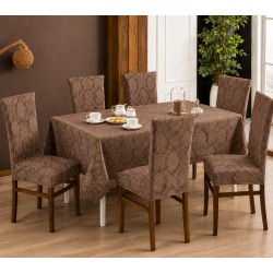 Set Față de Masă 180x220 cm și 6 Huse Elastice pentru Scaune Jacquard Cappuccino – Model Floral Elegant, HCJ-049