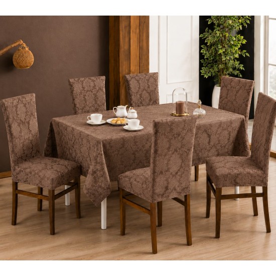 Set Față de Masă 180x220 cm și 6 Huse Elastice pentru Scaune Jacquard Cappuccino – Model Floral Elegant, HCJ-049 Huse Jacquard