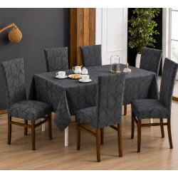 Set Față de Masă 180x220 cm și 6 Huse Elastice pentru Scaune Jacquard Gri Antracit – Model Floral Elegant, HCJ-051
