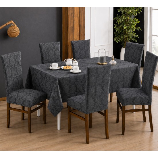 Set Față de Masă 180x220 cm și 6 Huse Elastice pentru Scaune Jacquard Gri Antracit – Model Floral Elegant, HCJ-051 Huse Jacquard