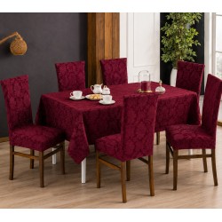 Set Față de Masă 180x220 cm și 6 Huse Elastice pentru Scaune Jacquard Bordo – Model Floral Elegant, HCJ-052