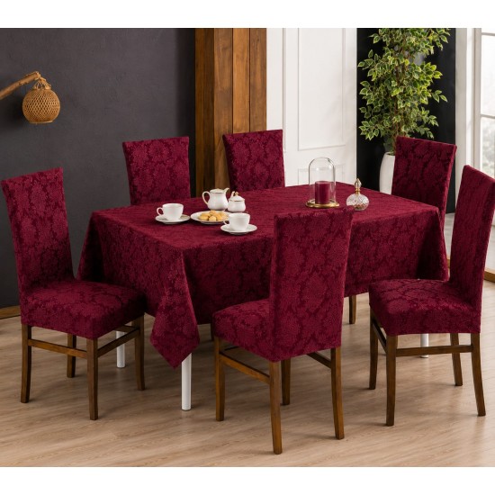 Set Față de Masă 180x220 cm și 6 Huse Elastice pentru Scaune Jacquard Bordo – Model Floral Elegant, HCJ-052 Huse Jacquard