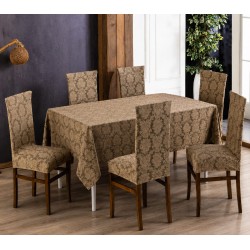 Set Față de Masă 180x220 cm și 6 Huse Elastice pentru Scaune Jacquard Bej – Model Floral Elegant, HCJ-054