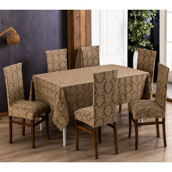 Set Față de Masă 180x220 cm și 6 Huse Elastice pentru Scaune Jacquard Bej – Model Floral Elegant, HCJ-054 Huse Jacquard