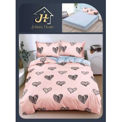 Lenjerie de Pat Dublu Bumbac Satinat Superior 4 Piese cu Cearșaf cu Elastic Roz Pudrat – Model Inimioare Negre, LLE-002