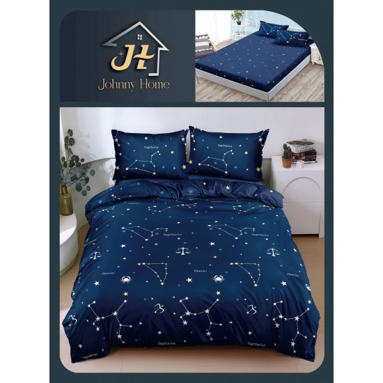 Lenjerie de Pat Dublu Bumbac Satinat Superior 4 Piese cu Cearșaf cu Elastic – Model Constelații Bleumarin, LLE-017 Oferta Trio 229