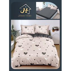 Lenjerie de Pat Dublu Bumbac Satinat Superior 4 Piese cu Cearșaf cu Elastic – Model Inimioare Bej & Gri, LLE-018