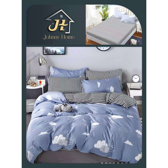 Lenjerie de Pat Dublu Bumbac Satinat Superior 4 Piese cu Cearșaf cu Elastic – Model Nori Bleu, LLE-019 Oferta Trio 229